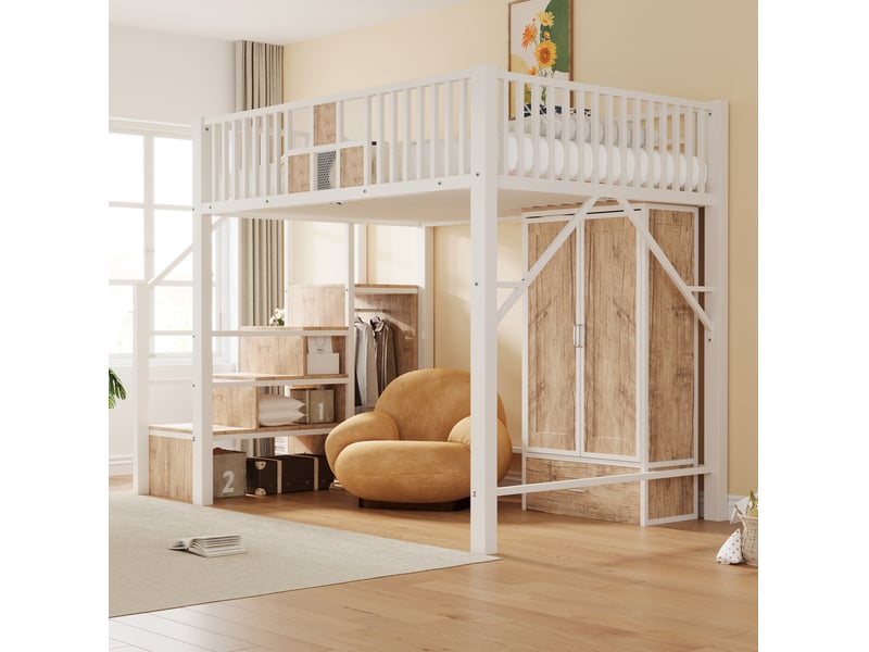  Lit mezzanine 140x200 cm avec armoire et rangements, coloris blanc  - Conforama D
