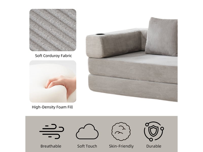  Canapé convertible, canapé-lit, en velours tricoté, gris clair, poches latérales, porte-gobelets, chambre, pour salon  - Conforama D