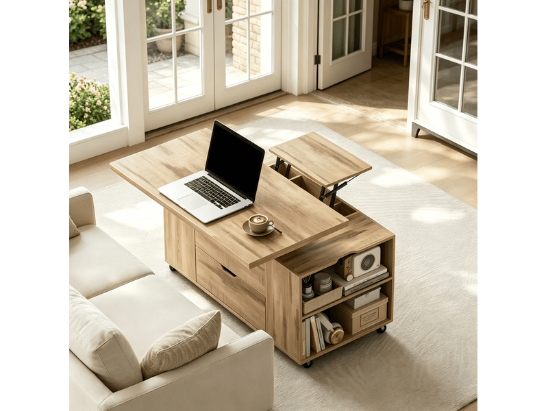  Table basse relevable tcqpz 50,5 x 100 x 53 cm avec roulettes verrouillables, rangement intégré, bois et métal, chêne clair  - Conforama B
