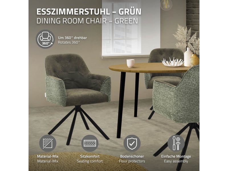 Ml-design lot de 2 chaises de salle à manger cuisine, pivotantes à 360°, en tissu tissé et simili, avec accoudoirs et dossier, cadre en acier, pieds réglables, rembourrage confortable, vert ECD Germany GmbH - Conforama B
