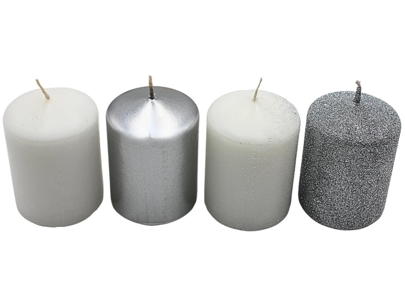 Lot de 4 bougies piliers, pour couronne de l'avent, bougies de table, en bloc - argentéblanc - 5 x 5 x 7 cm (l x l x h) - Conforama C