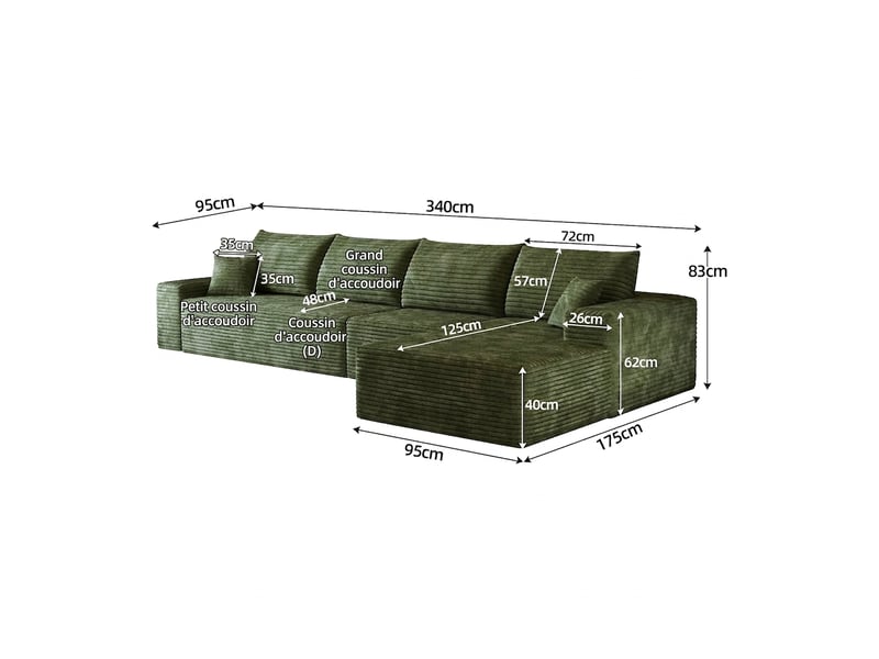 Canapé d'angle modulable 340 cm en velours côtelé vert - 4 places avec méridienne, assise profonde  - Conforama C