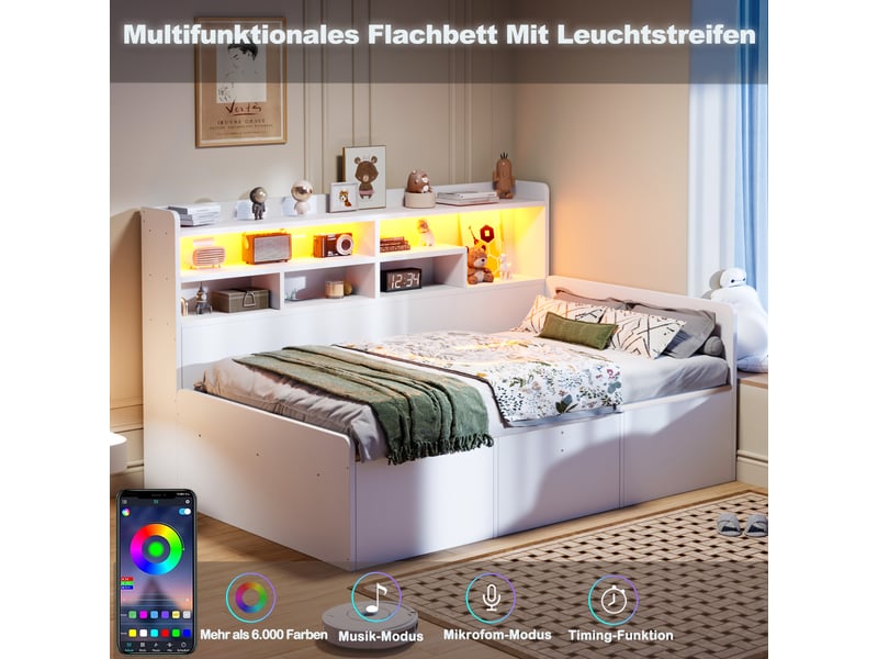  Lit banquette coffre 90x200 cm, banquette-lit, ouverture hydraulique, tête de lit avec rangement, éclairage led, espace inférieur modulable, mdf blanc OPULERANE TRADING LTD - Conforama E