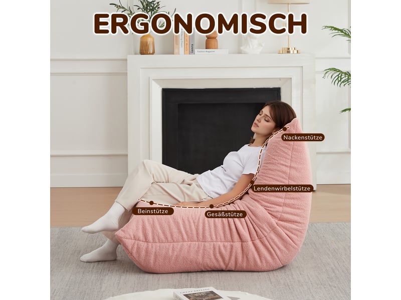  Fauteuil de sol rose en chenille, rembourré de mousse, sans accoudoirs, lounge confortable pour salon, chambre, jeux et bureau  - Conforama C