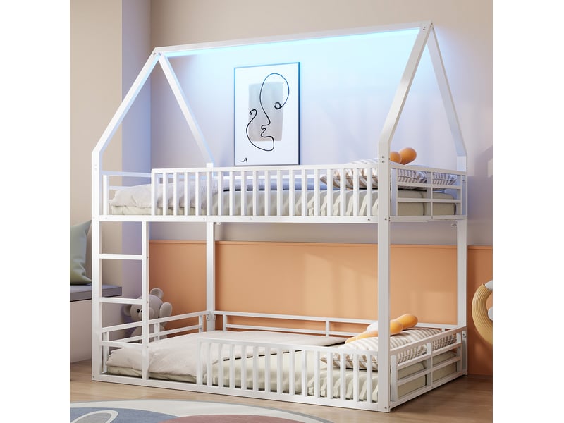  Lit superposé enfant 140x200 cm en métal avec structure maison, led, blanc  - Conforama B
