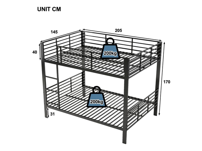  Lit superposé 140x200 cm en métal noir, très stable jusqu'à 400 kg, silencieux, pour adultes, colocation et location de vacances.  - Conforama C