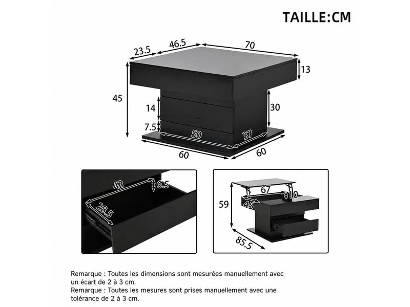 Table basse relevable pivotante 360° noire – 70 x 70 x 45 cm – 1 tiroir  - Conforama D