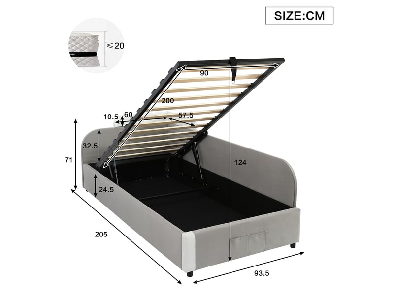  Lit coffre 90x200 cm en velours avec rangement hydraulique, lit enfant rembourré avec bordures sécurisées et poche de rangement - gris  - Conforama C