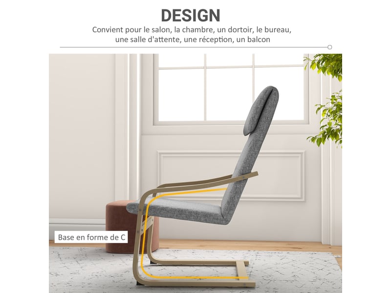  Fauteuil de salon, fauteuil chambre avec accoudoirs incurvés, coussin, tissu aspect lin, gris, 65 x 79 x 98 cm  - Conforama E