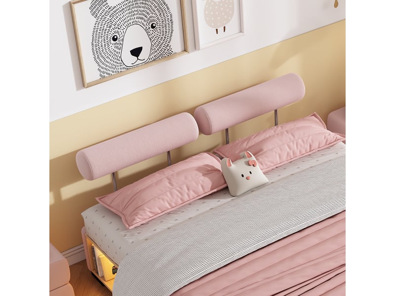  Lit enfant rembourré en velours 140x200 cm, lit double avec led, étagère latérale, tête de lit modulable et sommier à lattes, rose  - Conforama E