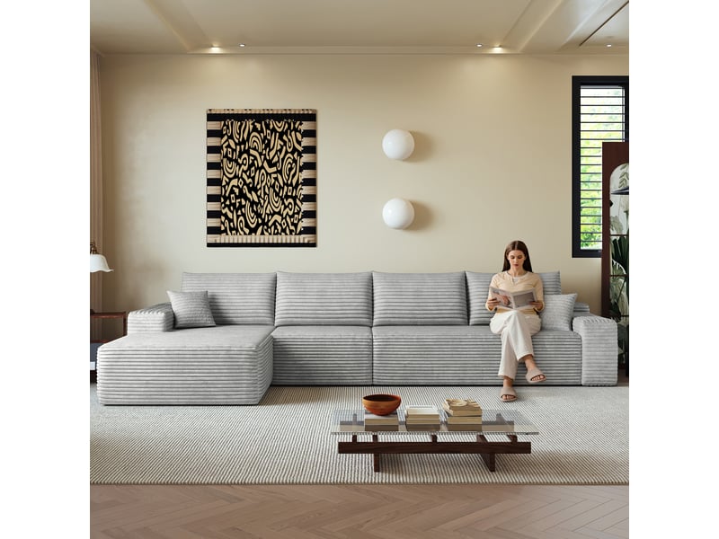 Canapé d’angle modulable 4 places avec méridienne en l gris en velours côtelé, 340 x 175 cm - Conforama A