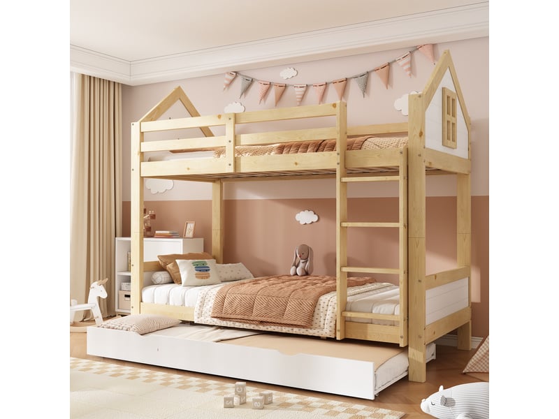  Lit superposé cabane enfant blanc et naturel 2 x 90 x 200 cm avec lit gigogne 90 x 190 cm, échelle et garde-corps  - Conforama D