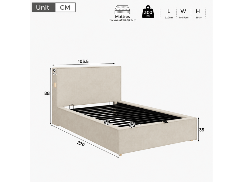  Lit coffre 90 × 200 cm avec sommier à lattes et tête de lit rembourrée, ouverture hydraulique, en chenille beige  - Conforama C