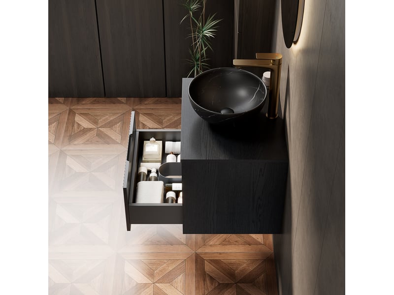 Meuble sous vasque suspendu avec 1 tiroir, niche ouverte et led à détection pour salle de bain noir 60 × 46 × 60,8 cm - Conforama E