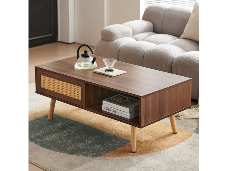 Table basse avec rangement, porte coulissante en rotin, mdf marron - Conforama D