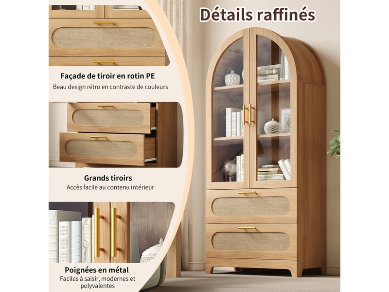  Vitrine haute 80x40x175 cm, bibliothèque avec portes vitrées, 2 tiroirs et étagères réglables, arches style montmartre, naturel  - Conforama E