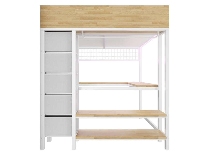  Lit mezzanine 140x200 cm avec bureau gaming, 5 tiroirs en tissu, led, prises usb et usb-c blanc Fay Lum - Conforama E