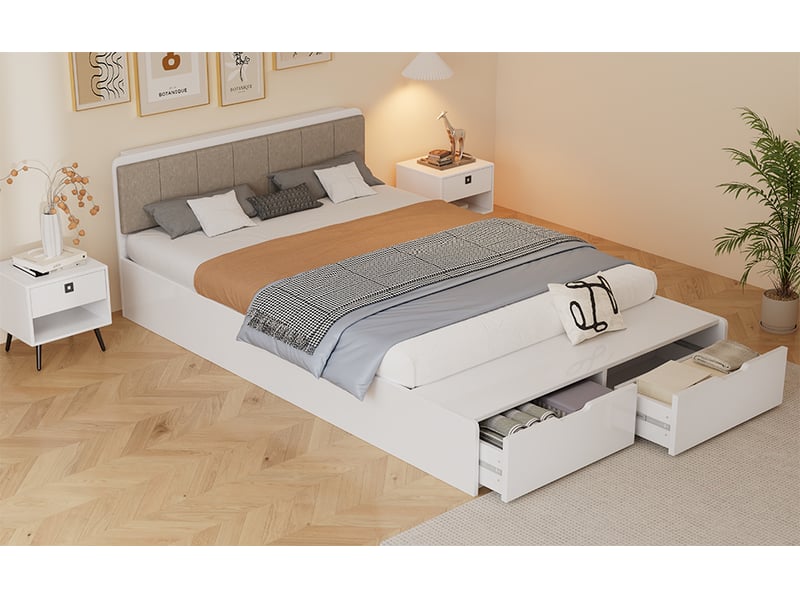  Lit enfant et adolescent 140 x 200 cm blanc, tête de lit rembourrée, banquette au pied et deux tiroirs  - Conforama B