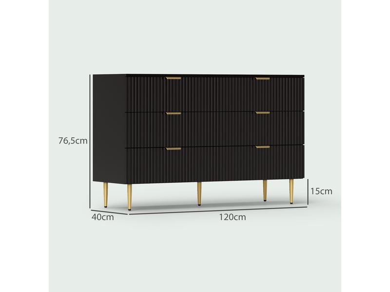  Commode 6 tiroirs commode chambre meuble de rangement moderne avec poignées et pieds dorés, noir, 120 x 40 x 76,5 cm  - Conforama C