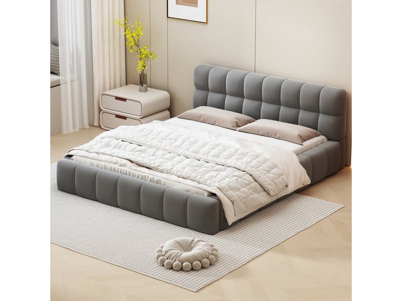  Lit 2 place 140x190 cm avec sommier à lattes et tête de lit à volants, lit enfant moderne, tissu lin gris, sans matelas  - Conforama D