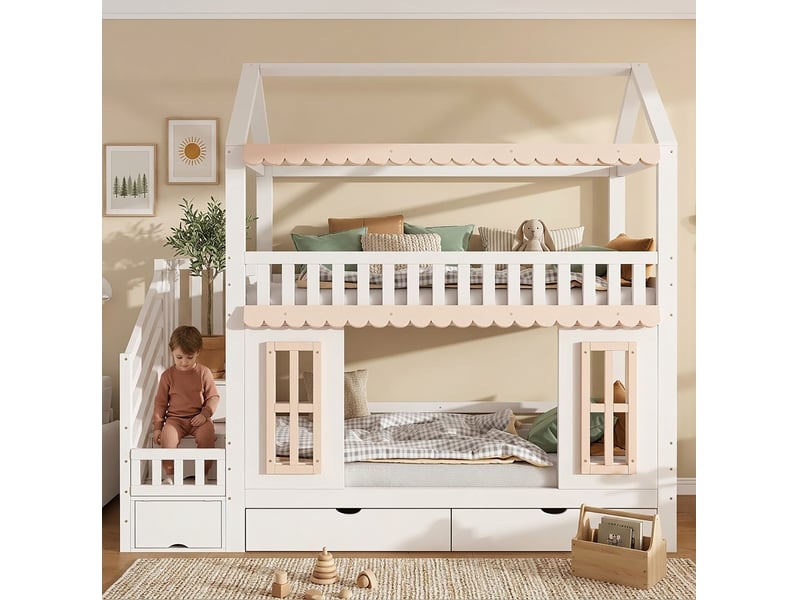  Lit superposé enfant 90x200 cm, lit cabane, escalier rangement, tiroirs, fenêtres, mdf, naturel et blanc, sans matelas  - Conforama D