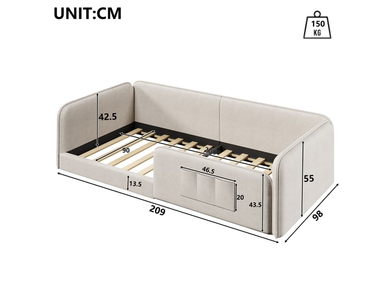  Lit rembourré enfant 90x200cm - lit plateforme avec barrière de sécurité tout autour et mousse anti-chocs,tissu lin beige evarich - Conforama C