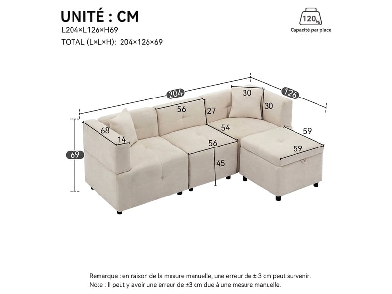Canapé 3 places d'angle en l avec rangement - tissu chenille beige - pouf amovible et 2 coussins - Conforama C