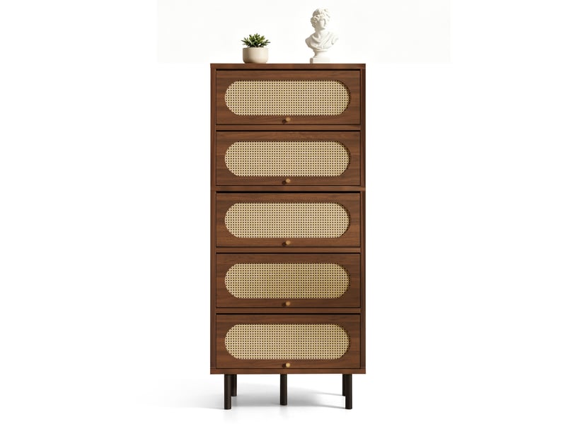 Buffet haut 80x40x163 cm, avec 5 portes, espace de rangement, style rotin, pour salon et cuisine, mdf et métal, noyer - Conforama A