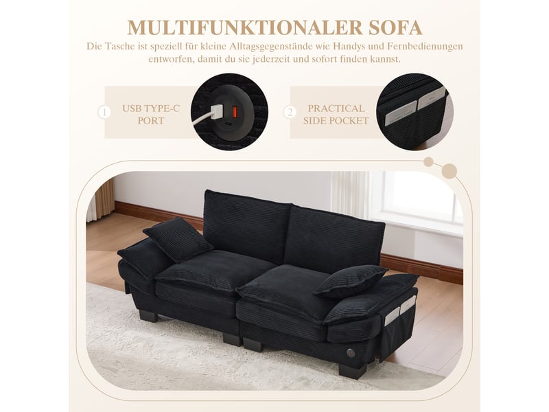  Canapé 2 places en velours côtelé noir, assise large 125 cm et usb-c intégré avec poches latérales  - Conforama D