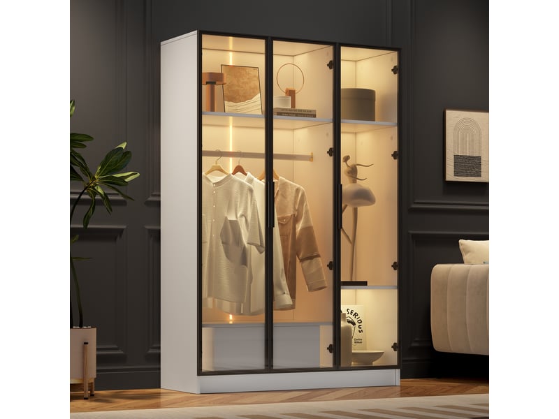  Armoire blanche 3 portes vitrées avec éclairage led intégré, tringle penderie, tiroir et rangements, 110 x 50 x 160 cm  - Conforama D