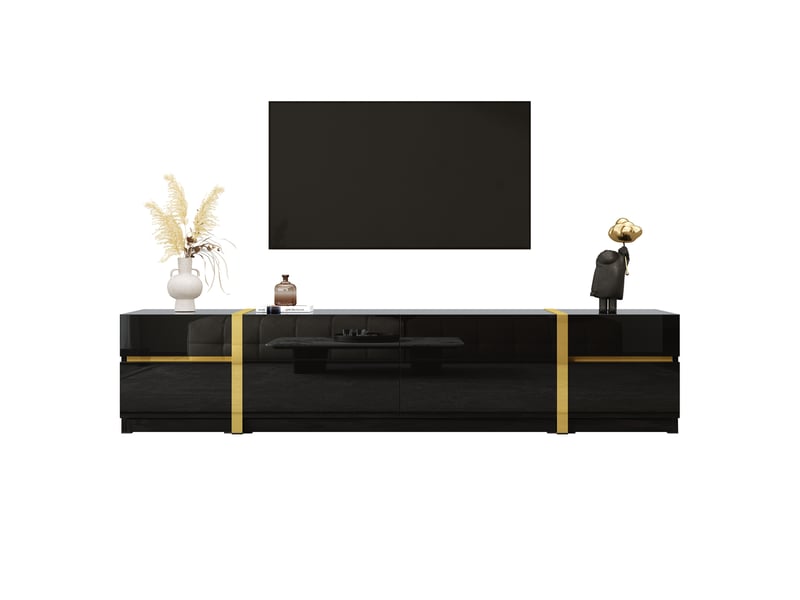  Meuble tv 180x40x38 cm noir finition haute brillance avec bordures dorées, 4 tiroirs et 2 portes en mdf et pb 4071258275867 - Conforama A