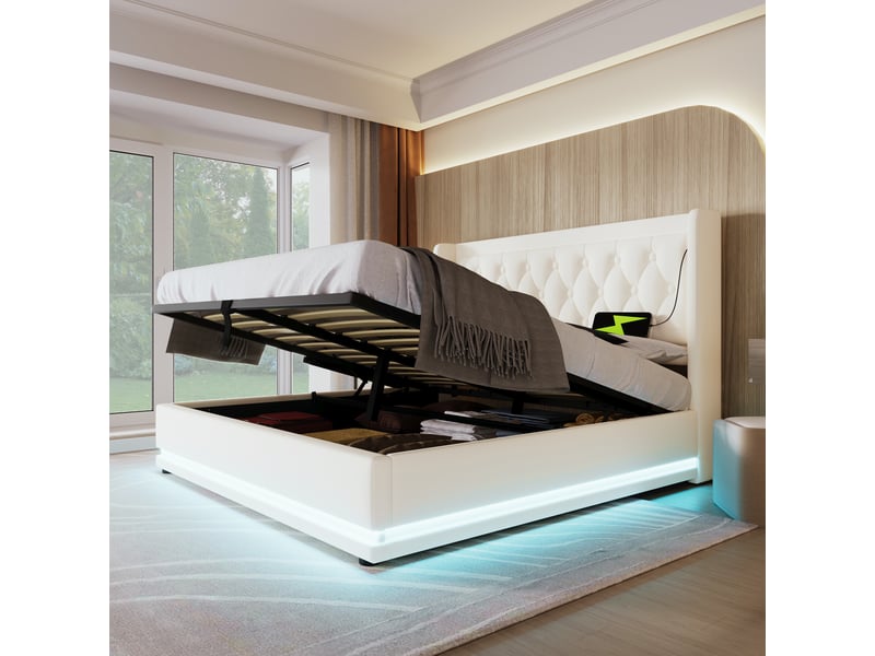  Lit rembourré 160*200 cm avec usb-c, led 3 côtés et coffre hydraulique, lit double blanc pu, sans matelas  - Conforama C
