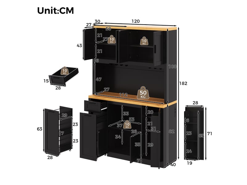  Buffet cuisine 3 portes et 1 tiroir, 100 x 32 x 170 cm, compartiments ouverts, façades en relief et pieds surélevés, mdf, couleur noyer Morn Vibe - Conforama C
