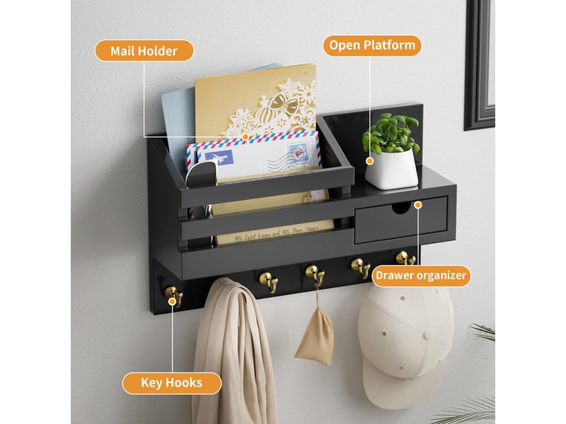 Étagère à clés murale avec 6 crochets et tiroir de rangement, étagère pour porte-clés, pour entrée, salon, couloir, bureau (noir - Conforama B