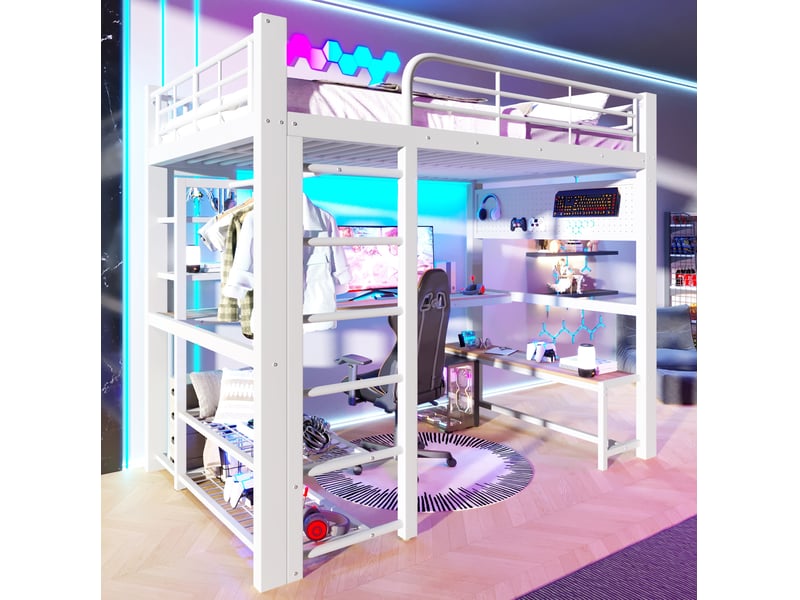  Lit mezzanine 140x200 cm avec bureau, led et rangements blanc  - Conforama E