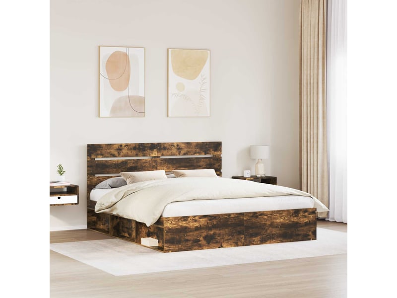  Lit double- lit adulte -  cadre de lit chêne fumé 200 x 200 cm bois de pin massif  - Conforama B
