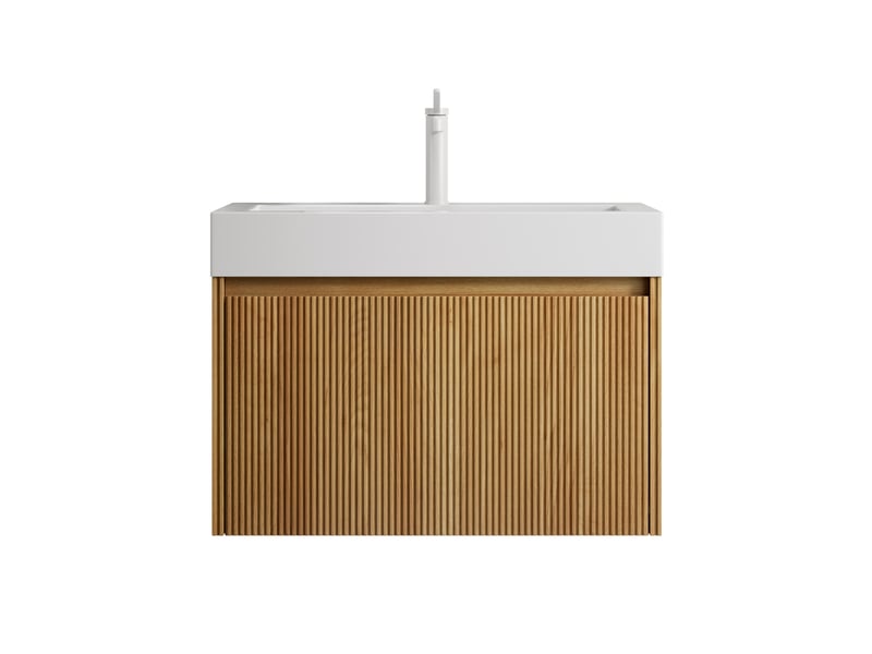  Meuble rangement salle de bain tiroir led bois naturel vasque résine blanche homvra  - Conforama A