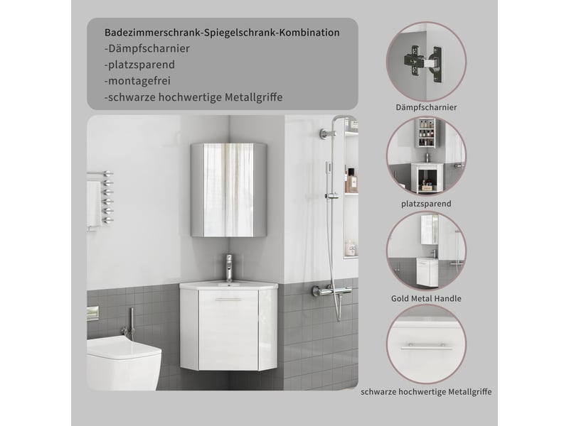 Meuble sous vasque d'angle avec miroir et évier en céramique, blanc brillant, pour salle de bain - Conforama E