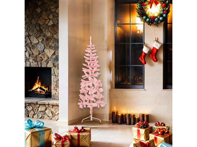  Demi sapin de noël, arbre de noël artificiel mince avec support rose 150 cm  - Conforama A