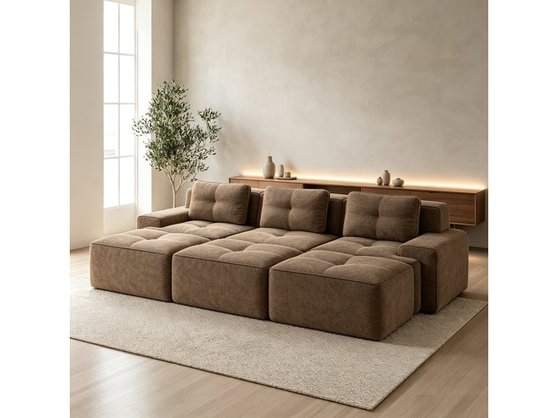  Canapé modulable 3 places avec fonction couchage et 3 poufs, velours côtelé doux, 69 × 382 × 104 cm, marron  - Conforama D