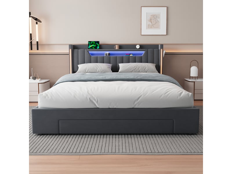 Lit rembourré 160 × 200 cm 2 places avec matelas et poches latérales, lit pour enfant avec tiroirs et éclairage led, lit fonctionnel avec coffre de rangement, gris - Conforama C