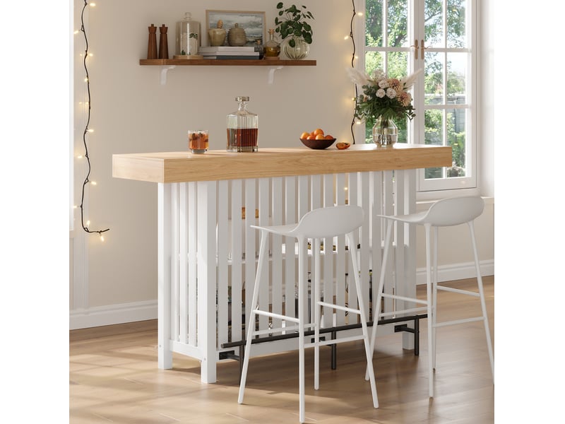  Table de bar 160x40x105 cm avec repose-pieds, rangement 2 niveaux en mdf couleur blanche et bois, confort optimal  - Conforama D