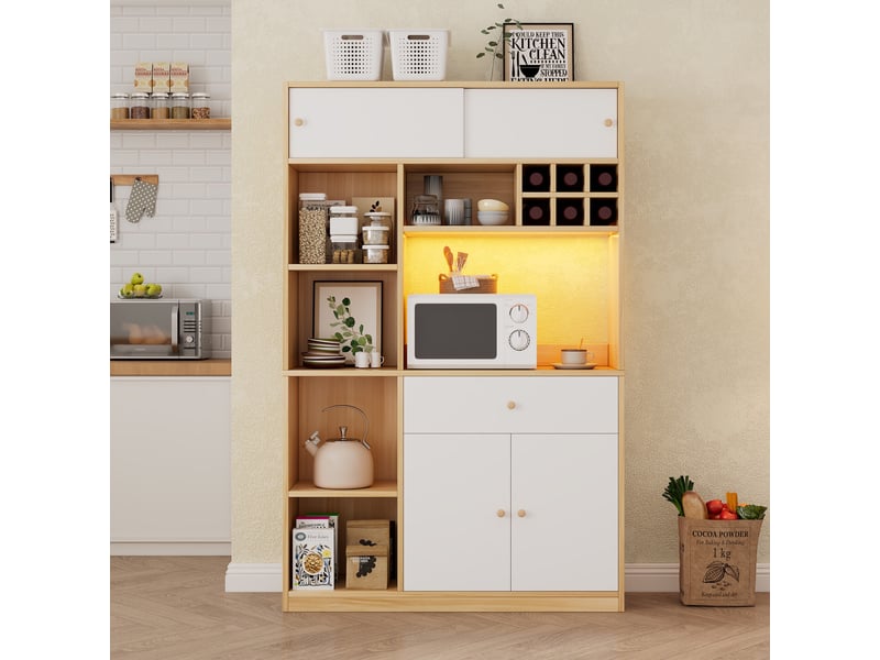  Buffet de cuisine - 115x35x180cm - meuble haut avec led étagères range-bouteilles grand espace micro-ondes - blanc et chêne  - Conforama B