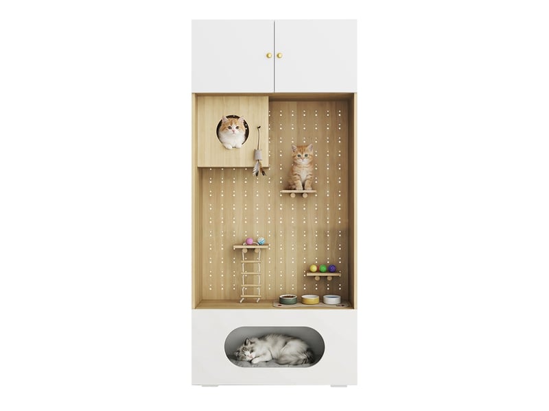  Meuble pour félins multifonction blanc et bois clair 90 x 50 x 200 cm, avec rangement et espace d’escalade  - Conforama A