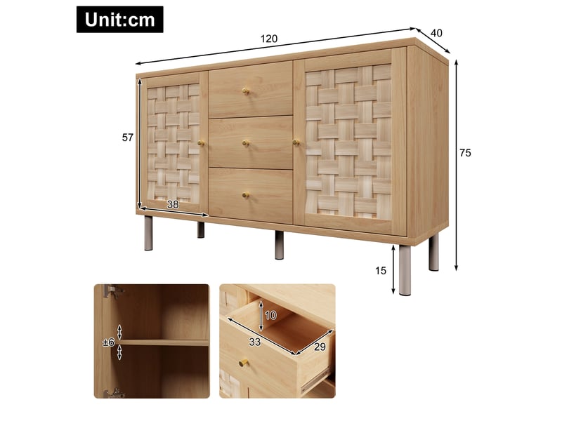 Buffet bas style campagne chêne 120 x 40 x 75 cm, 2 portes et 3 tiroirs - Conforama E