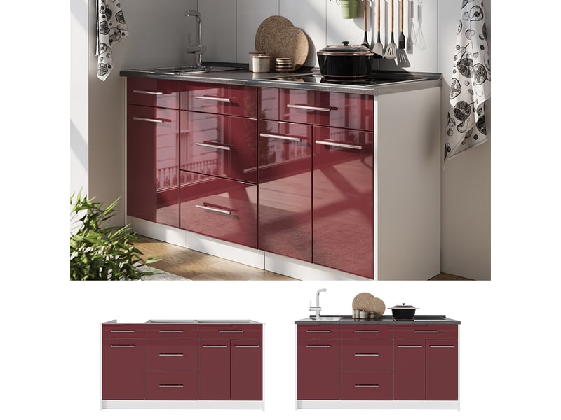 Vicco bloc cuisine, rouge bordeaux haute brillanceblanc, 150cm plan de travail anthracite - Conforama C