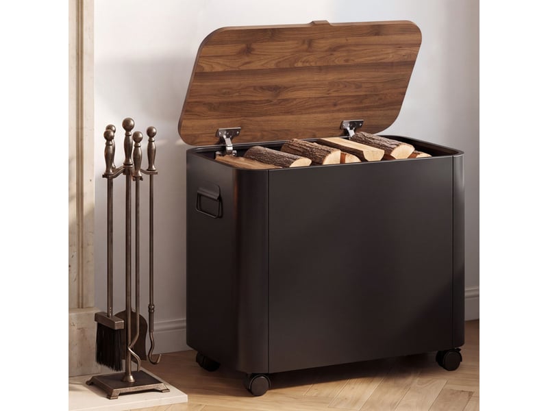  Coffre de cheminée multi-usages sac à granulés ou bûches avec couvercle effet noyer et roulettes métal noir  - Conforama B