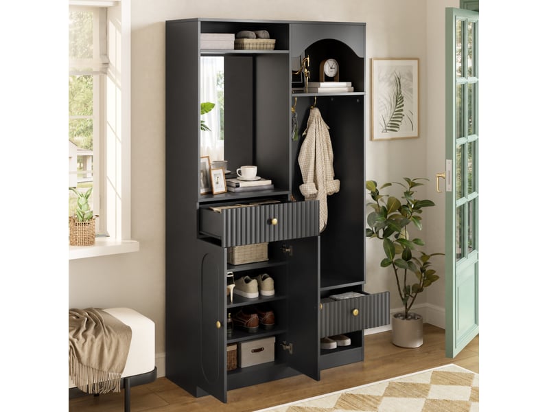 Meuble d'entrée avec miroir, banc, led, 2 portes et étagères réglables, en mdf noir, 100 × 35 × 180 cm - Conforama B