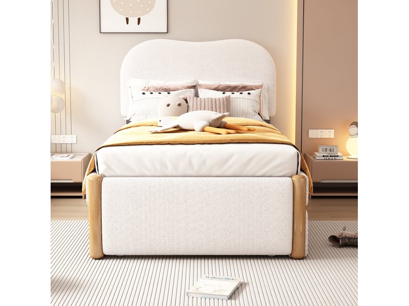  Lit 90x200 cm avec lit gigogne pratique, forme minimaliste, plush et mdf, blanc, sans matelas  - Conforama D