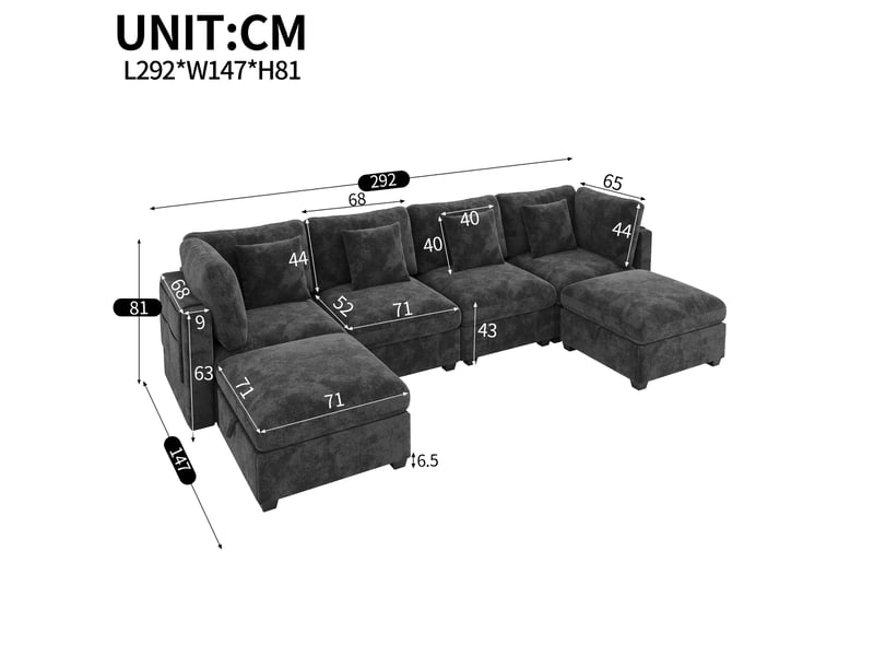  Canapé d’angle modulable avec rangement xl 6 places 292 x 147 x 81 cm grand canapé en l avec méridienne et pouf chenille gris  - Conforama C